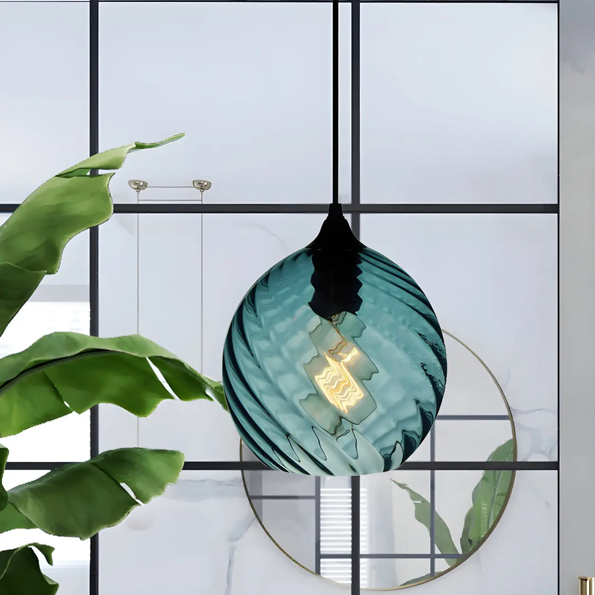 Simplistic Blue Glass Ribbed Cylindrical Pendant Light Image - 11