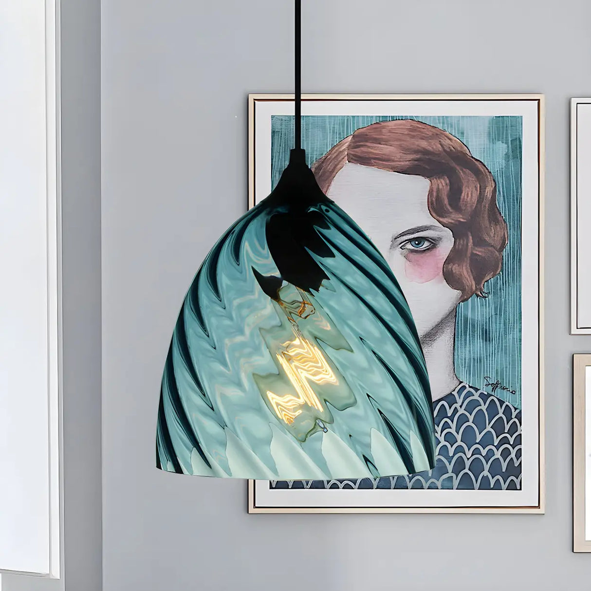 Simplistic Blue Glass Ribbed Cylindrical Pendant Light Image - 13