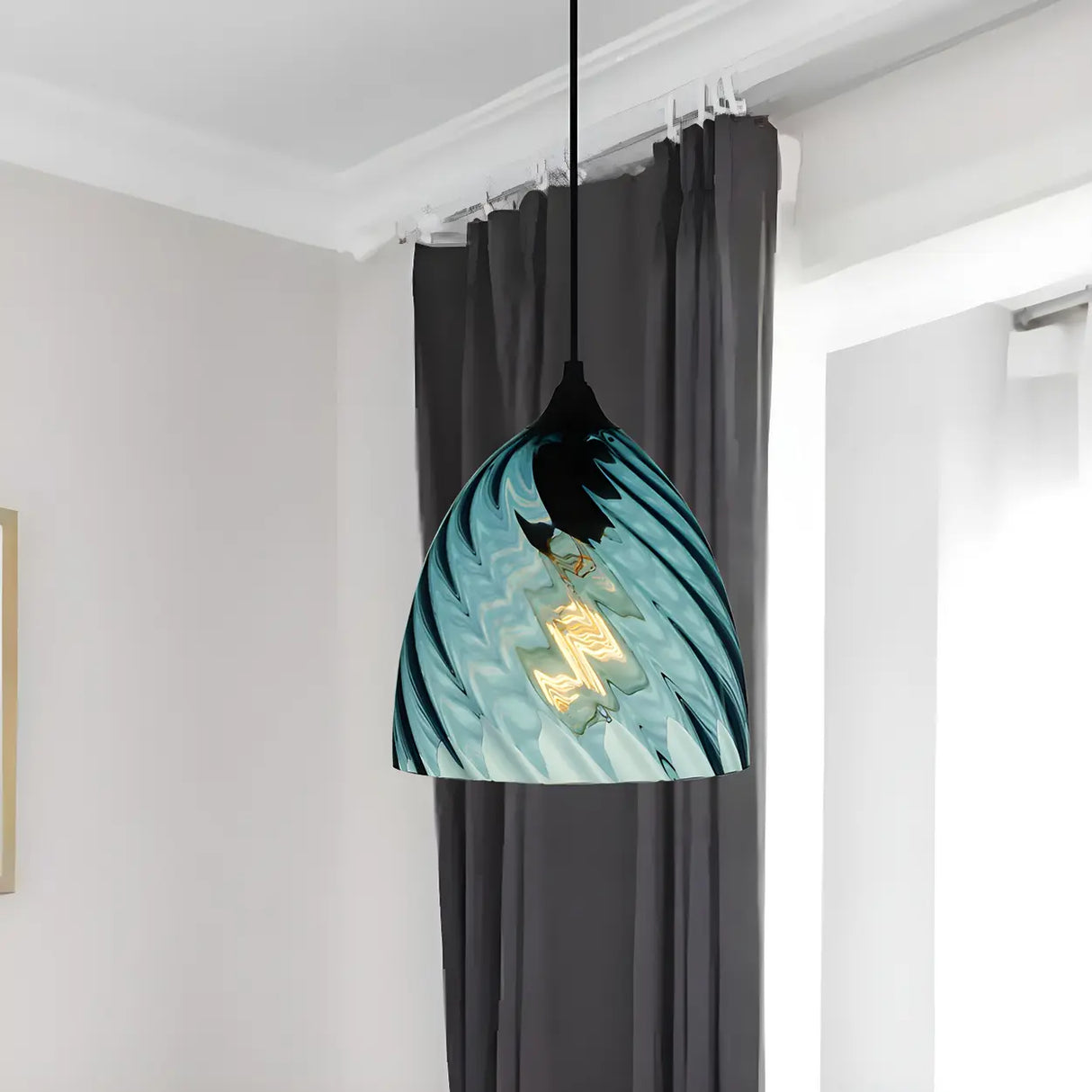 Simplistic Blue Glass Ribbed Cylindrical Pendant Light Image - 14