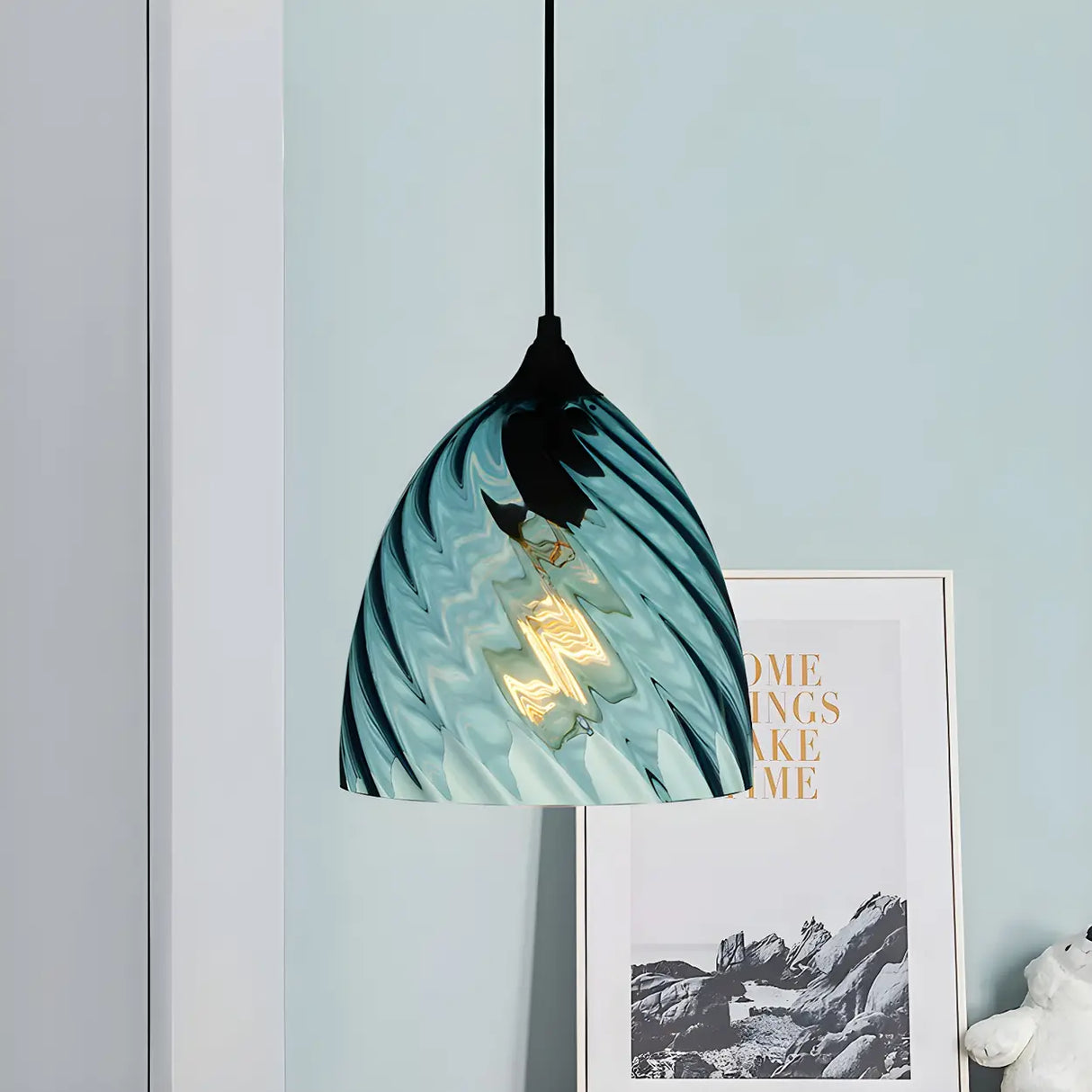 Simplistic Blue Glass Ribbed Cylindrical Pendant Light Image - 15