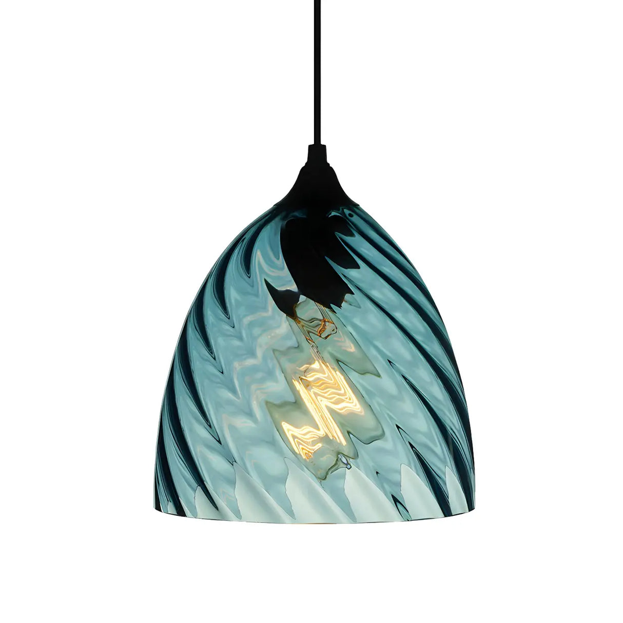Simplistic Blue Glass Ribbed Cylindrical Pendant Light Image - 16