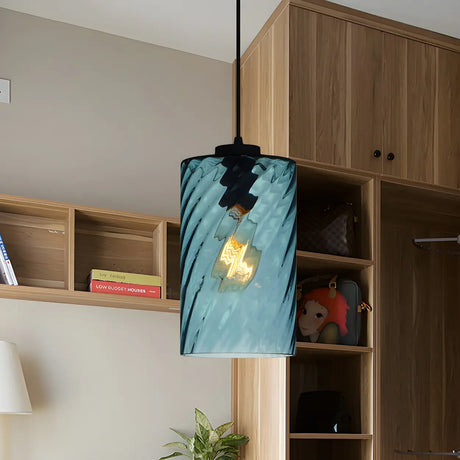 Simplistic Blue Glass Ribbed Cylindrical Pendant Light Image - 2