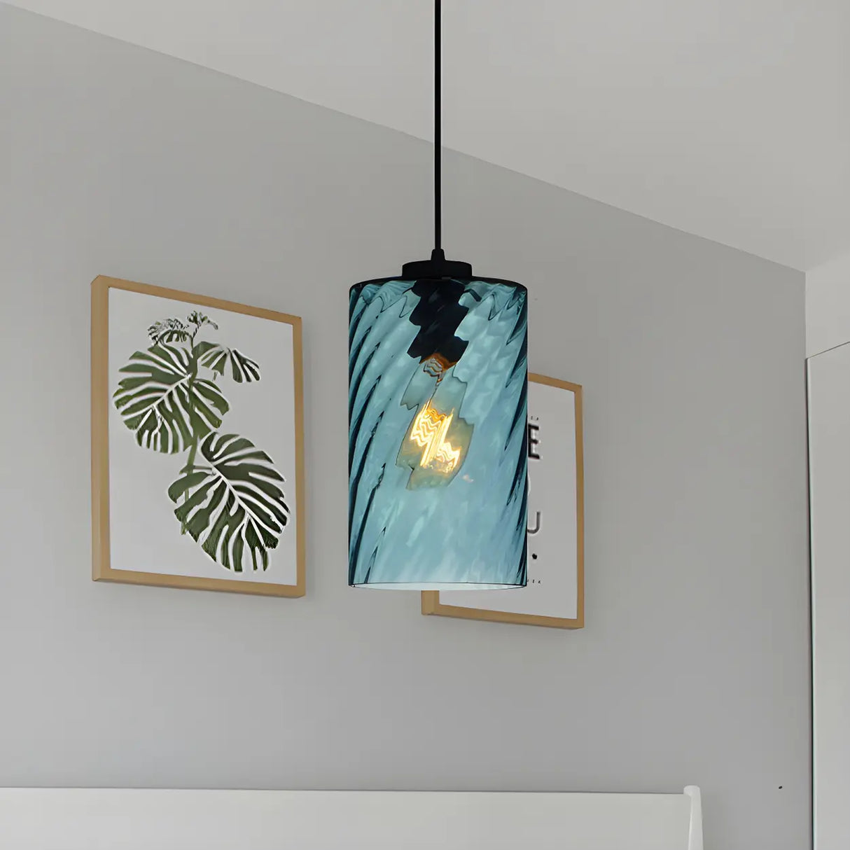 Simplistic Blue Glass Ribbed Cylindrical Pendant Light Image - 3
