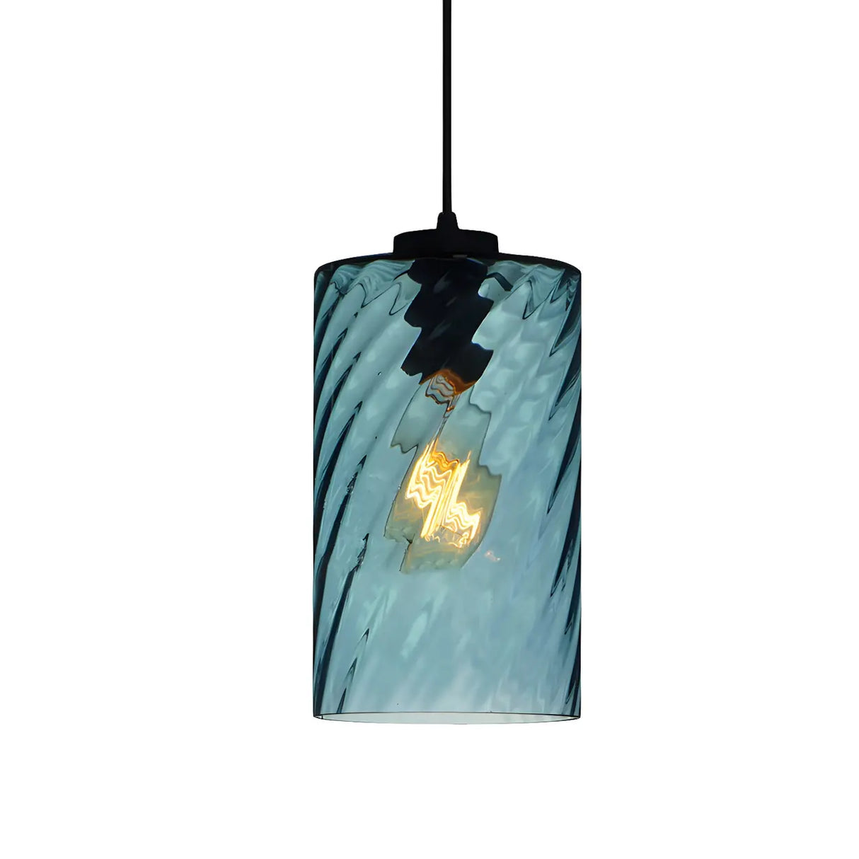Simplistic Blue Glass Ribbed Cylindrical Pendant Light Image - 4