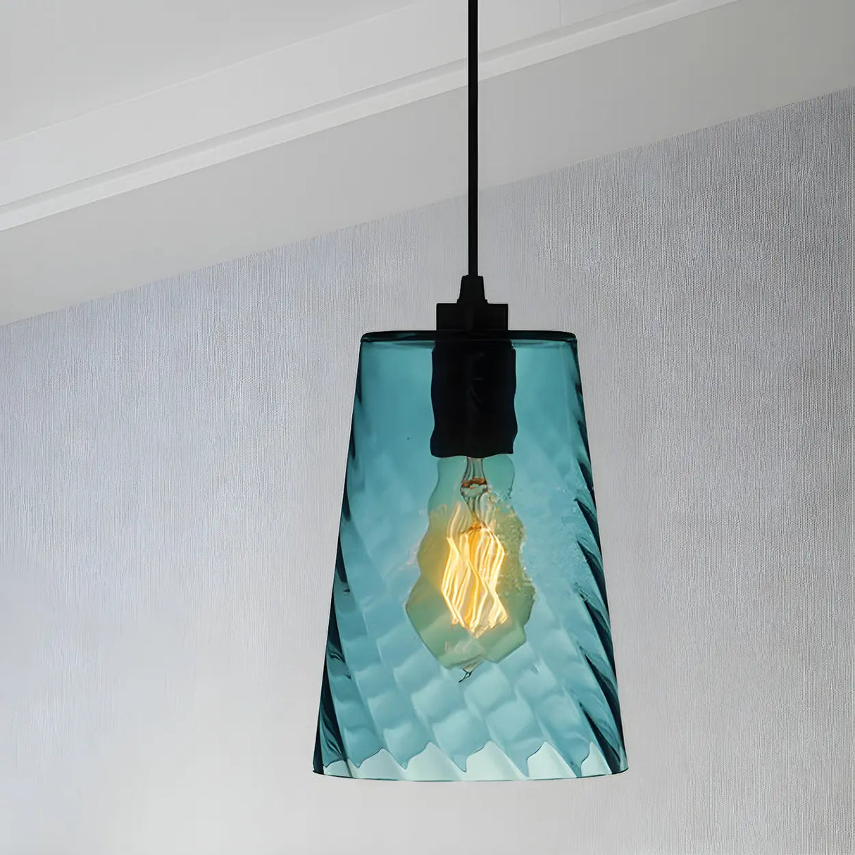 Simplistic Blue Glass Ribbed Cylindrical Pendant Light Image - 5