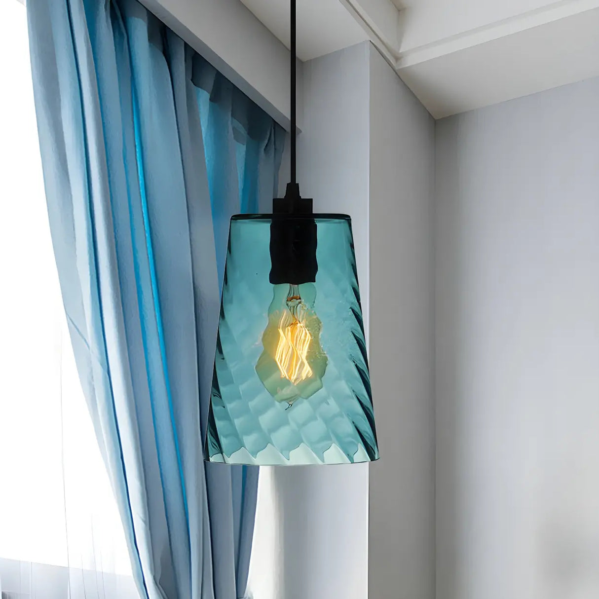 Simplistic Blue Glass Ribbed Cylindrical Pendant Light Image - 7