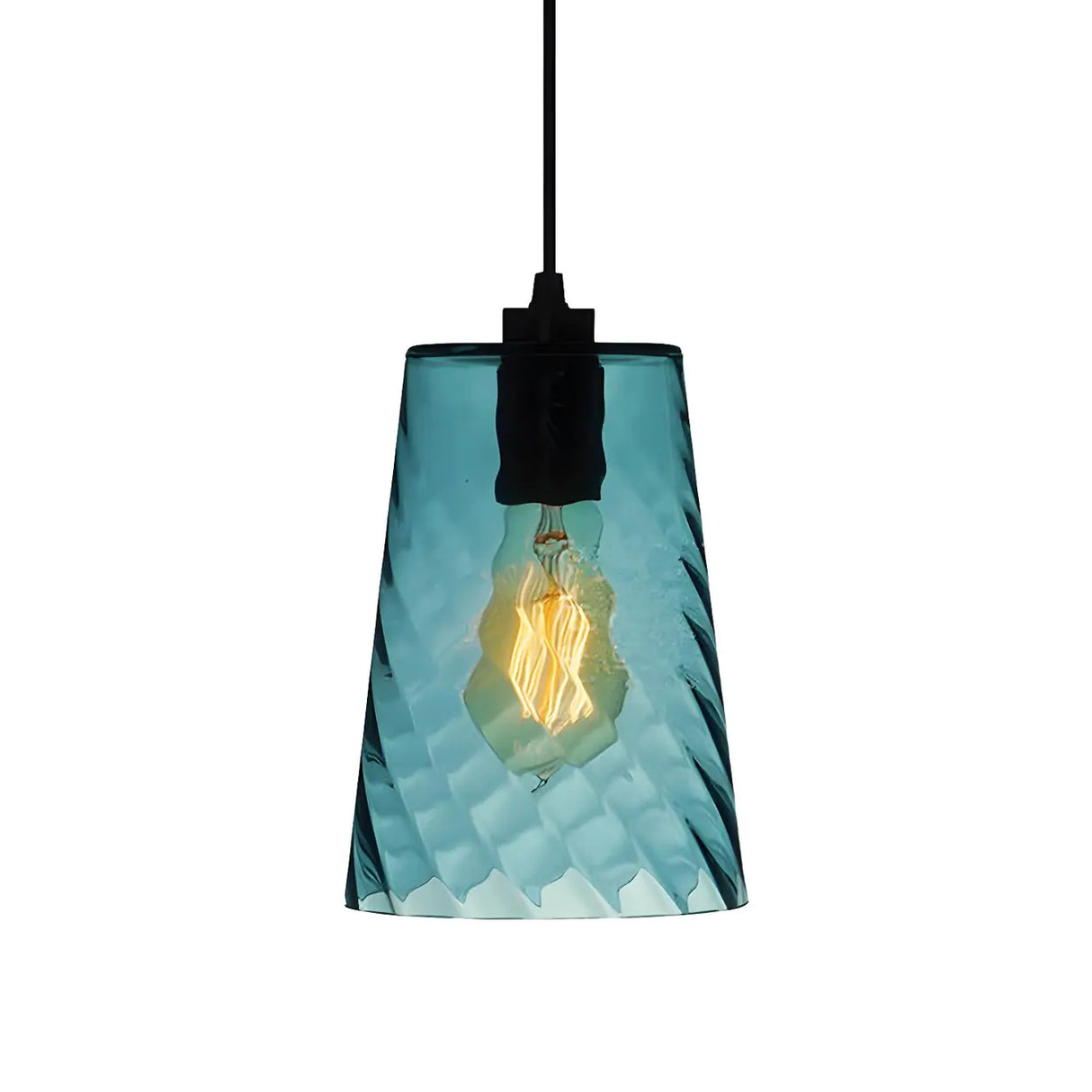 Simplistic Blue Glass Ribbed Cylindrical Pendant Light Image - 8