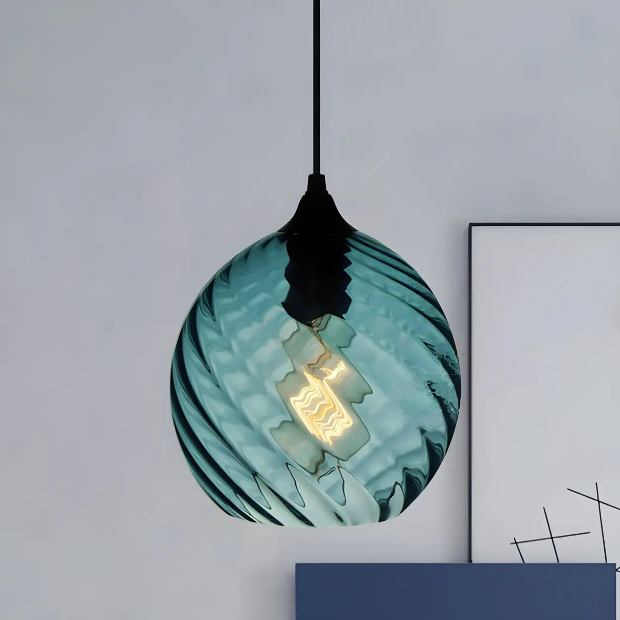 Simplistic Blue Glass Ribbed Cylindrical Pendant Light Image - 9