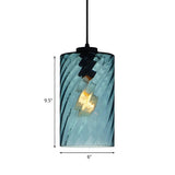 Simplistic Blue Glass Ribbed Cylindrical Pendant Light #size