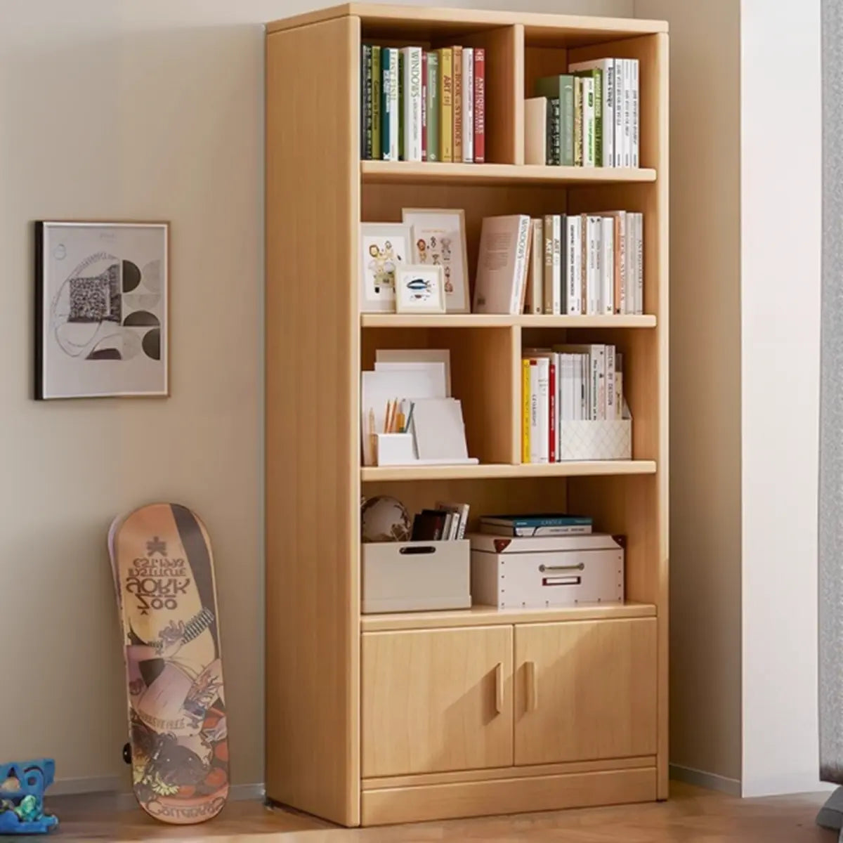 Simplistic Vertical Shelving Cabinet Oak White Bookcase Image - 15