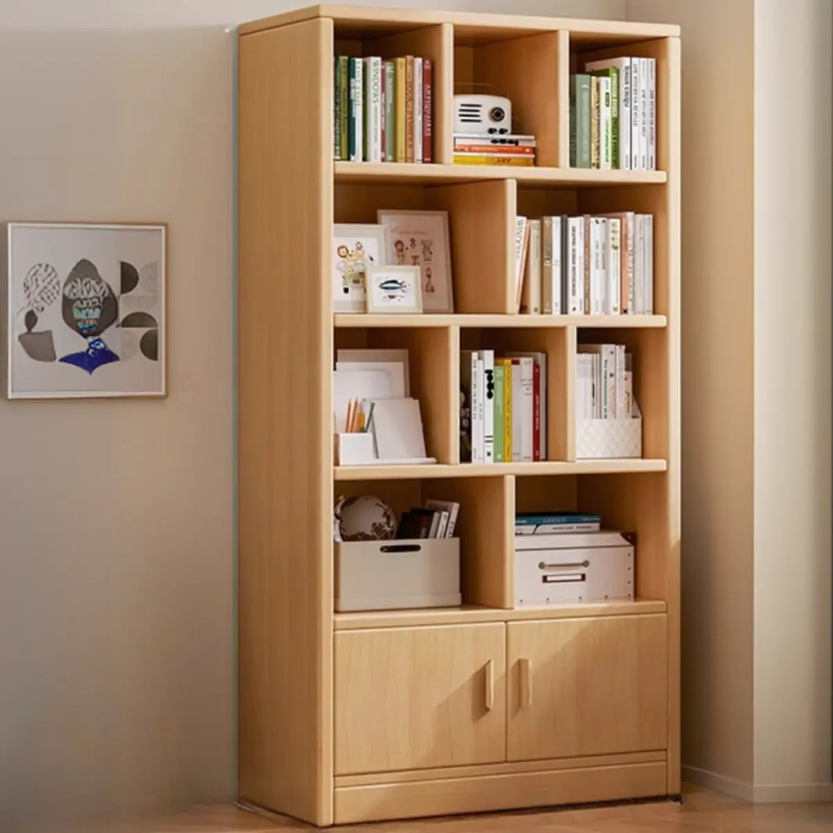 Simplistic Vertical Shelving Cabinet Oak White Bookcase Image - 16