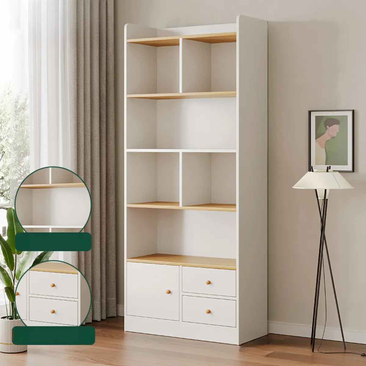 Simplistic Vertical Shelving Cabinet Oak White Bookcase Image - 17
