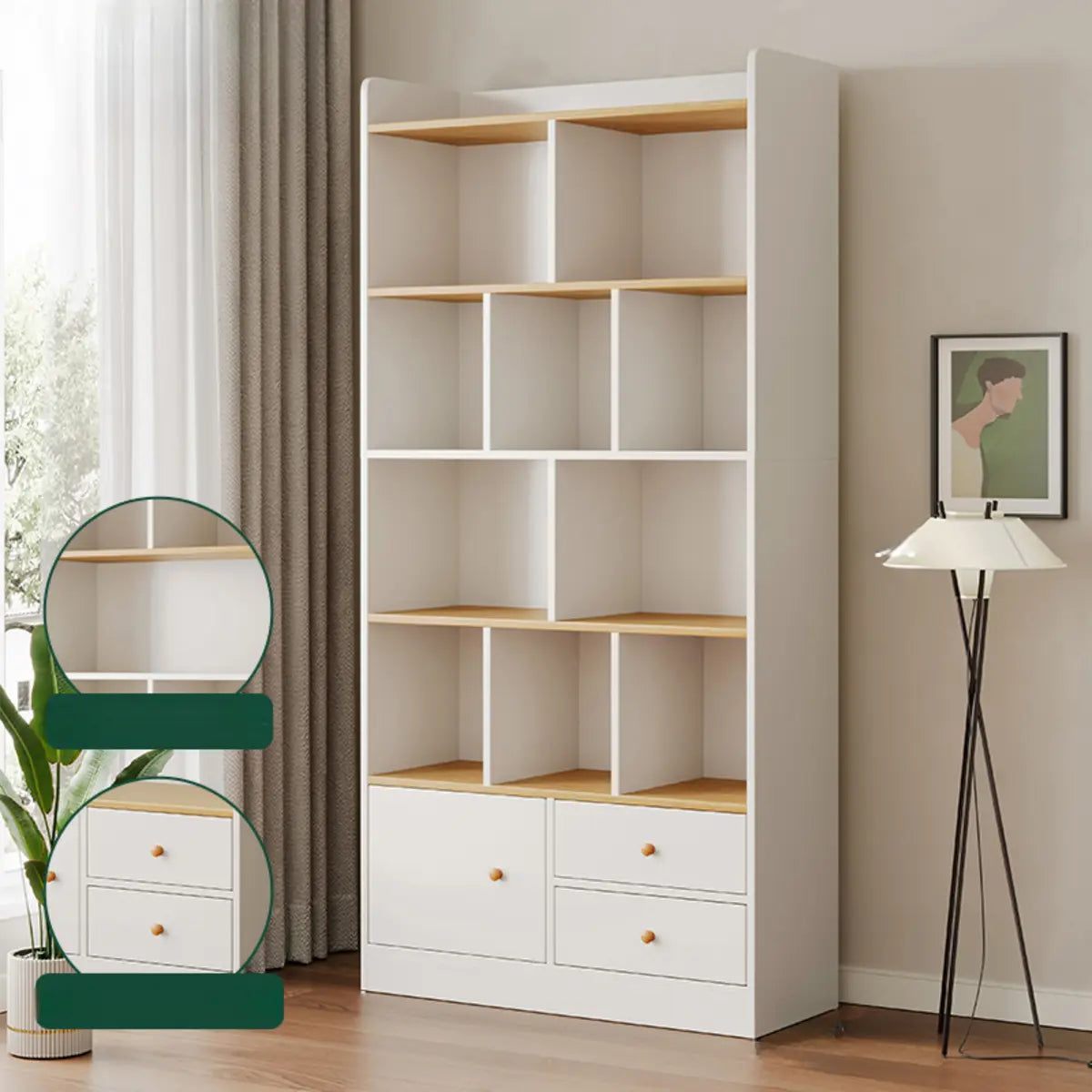 Simplistic Vertical Shelving Cabinet Oak White Bookcase Image - 18