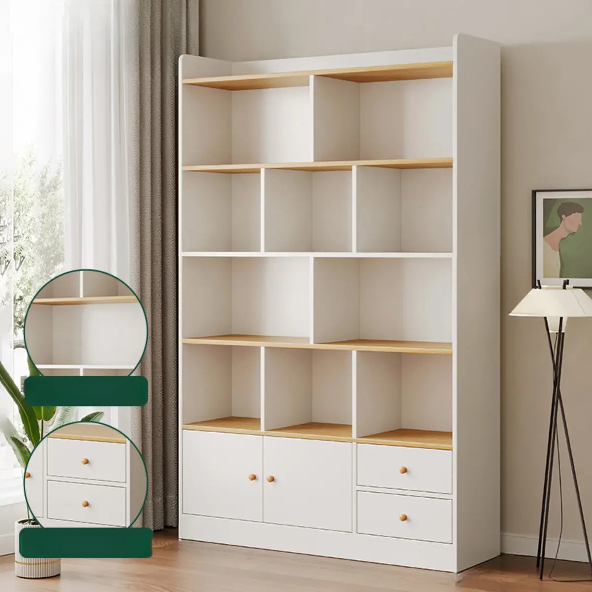 Simplistic Vertical Shelving Cabinet Oak White Bookcase Image - 20