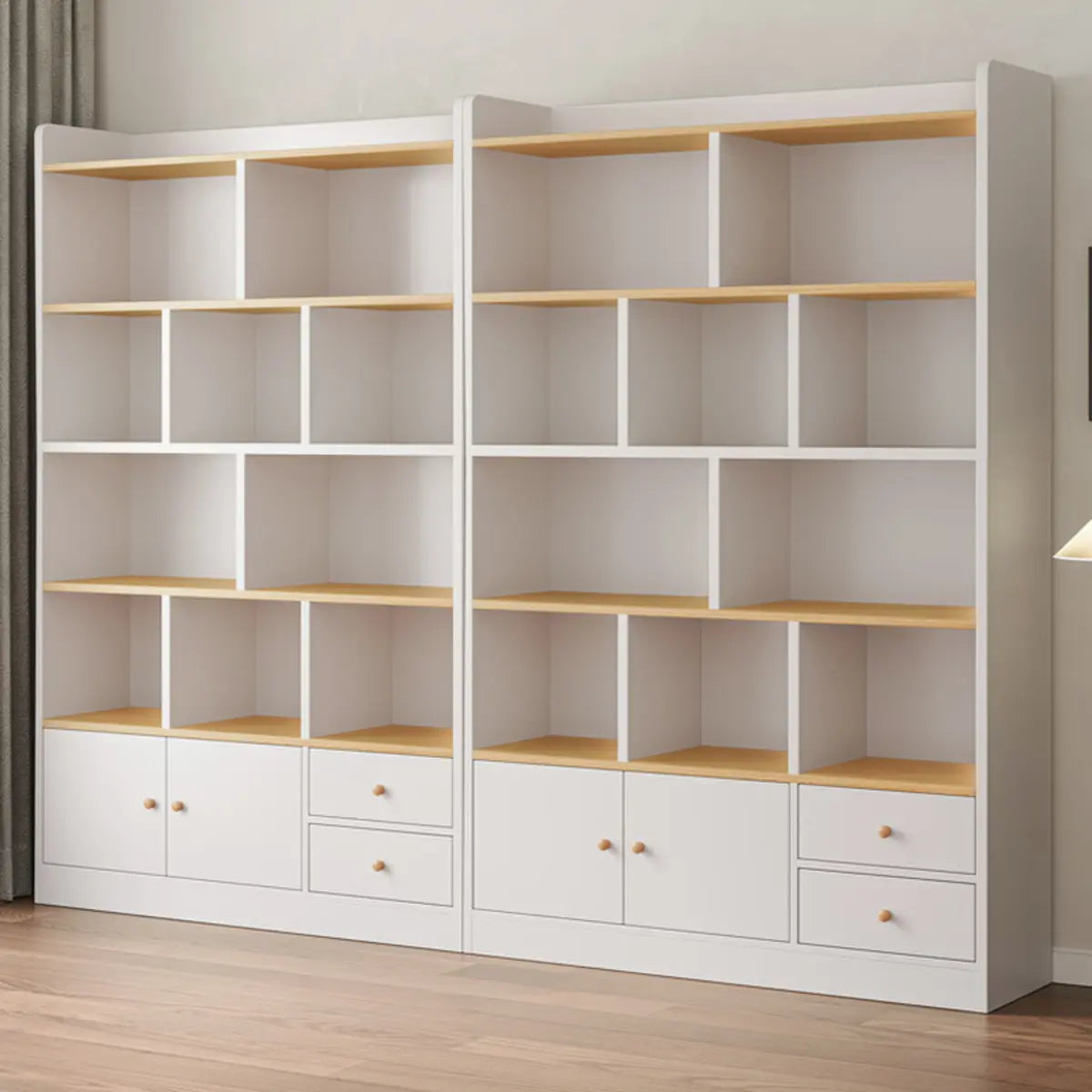 Simplistic Vertical Shelving Cabinet Oak White Bookcase Image - 3