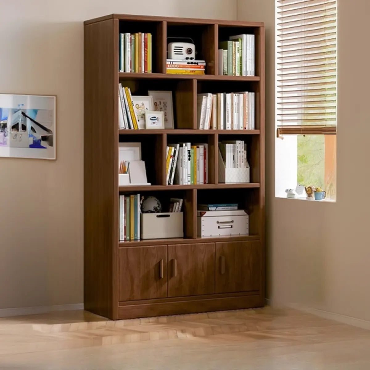 Simplistic Vertical Shelving Cabinet Oak White Bookcase Image - 4