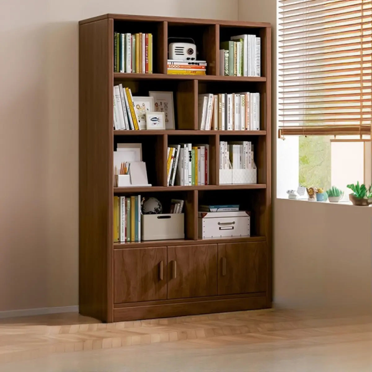 Simplistic Vertical Shelving Cabinet Oak White Bookcase Image - 5