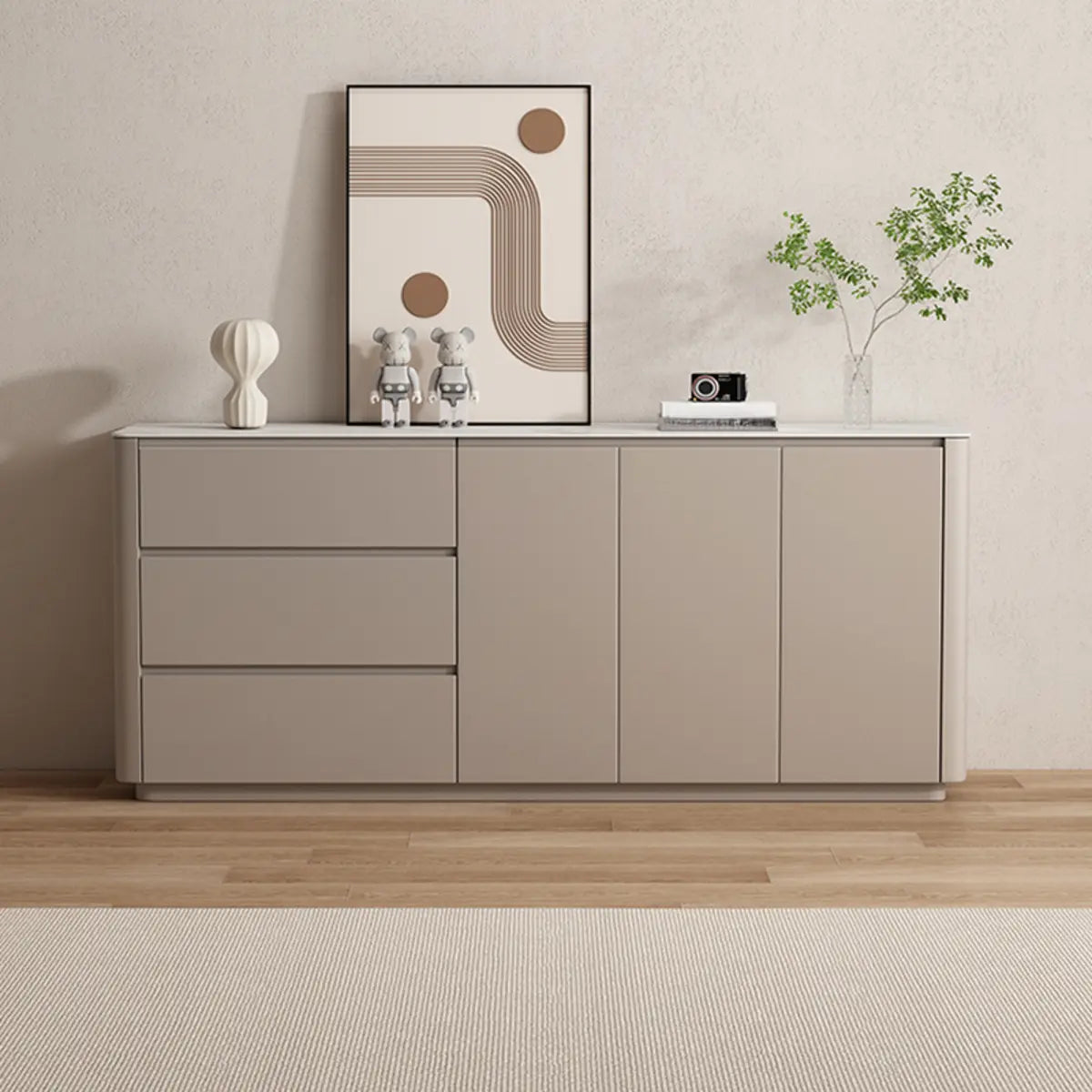 Sintered Stone Top Wood White Drawers and Shelves Buffet Image - 1