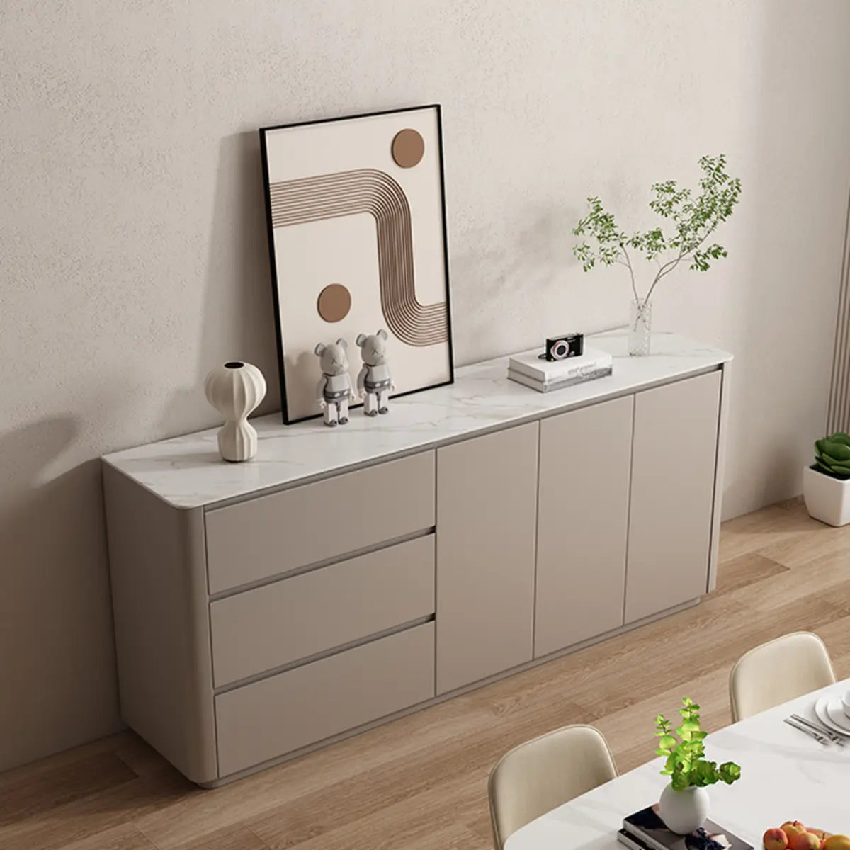 Sintered Stone Top Wood White Drawers and Shelves Buffet Image - 4