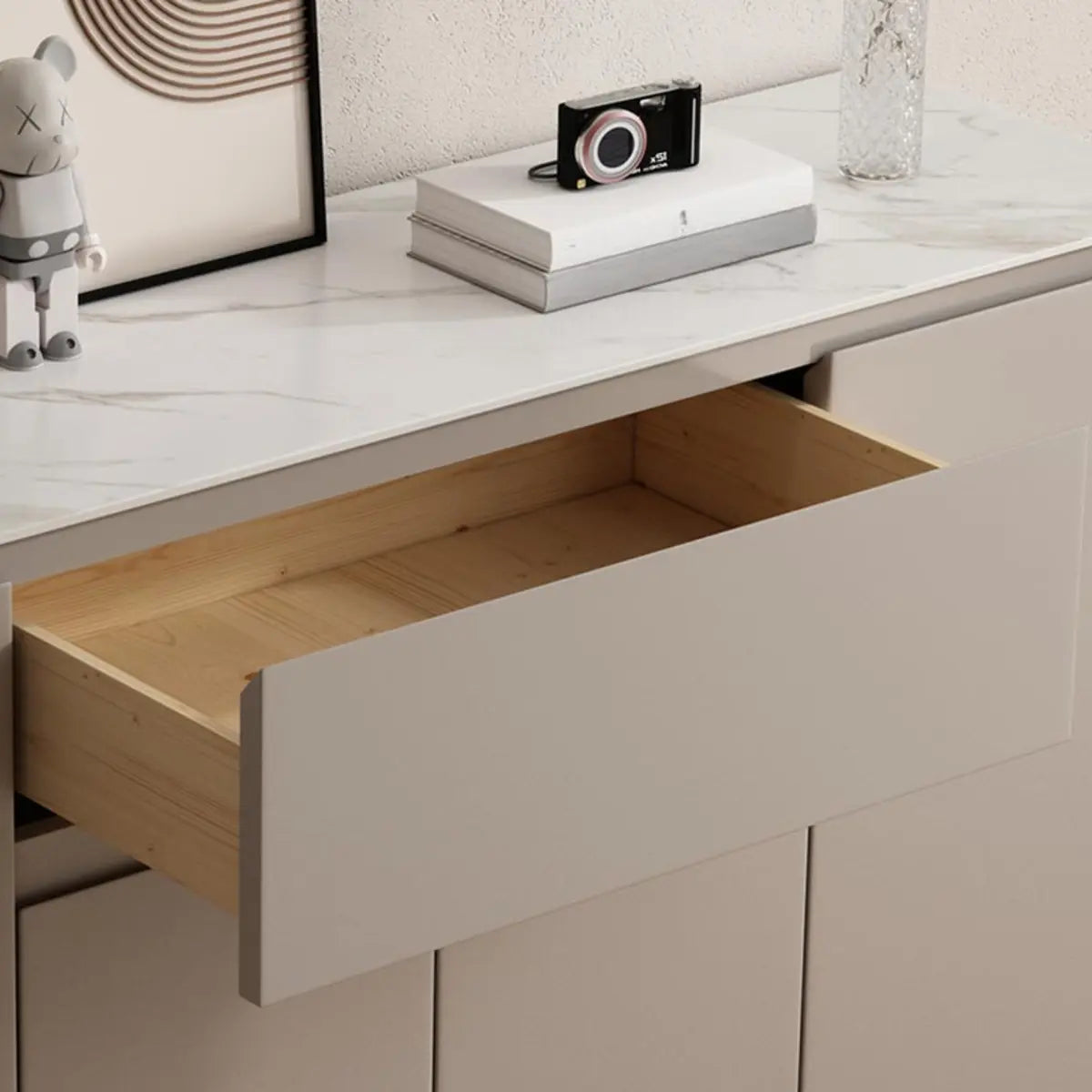 Sintered Stone Top Wood White Drawers and Shelves Buffet Image - 9