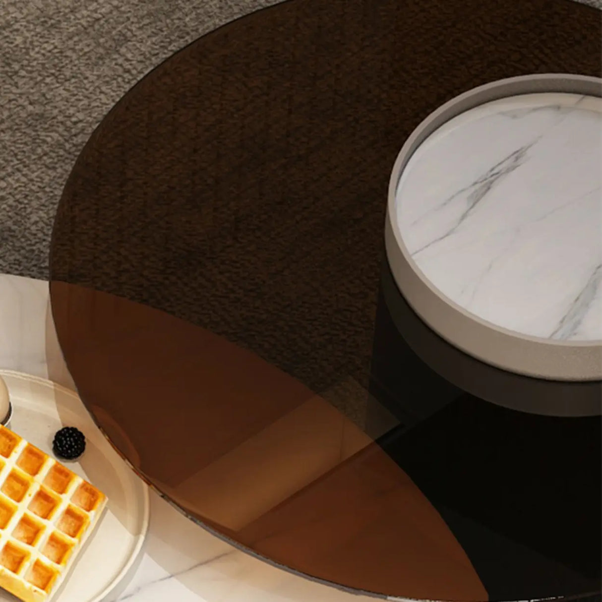 Slate Glass Round Drum Base Coffee Table with Storage Image - 12