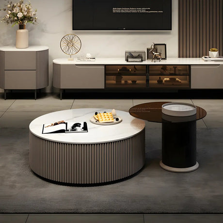 Slate Glass Round Drum Base Coffee Table with Storage Image - 1
