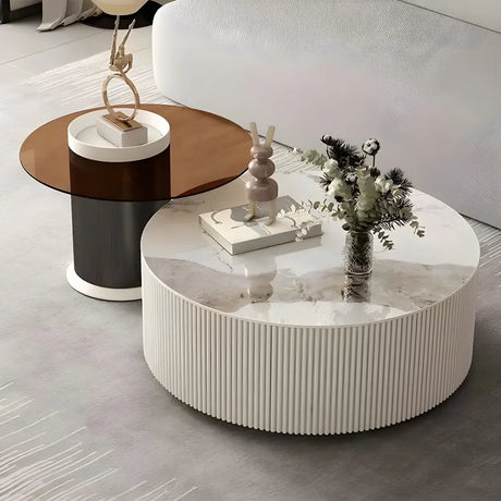 Slate Glass Round Drum Base Coffee Table with Storage Image - 3