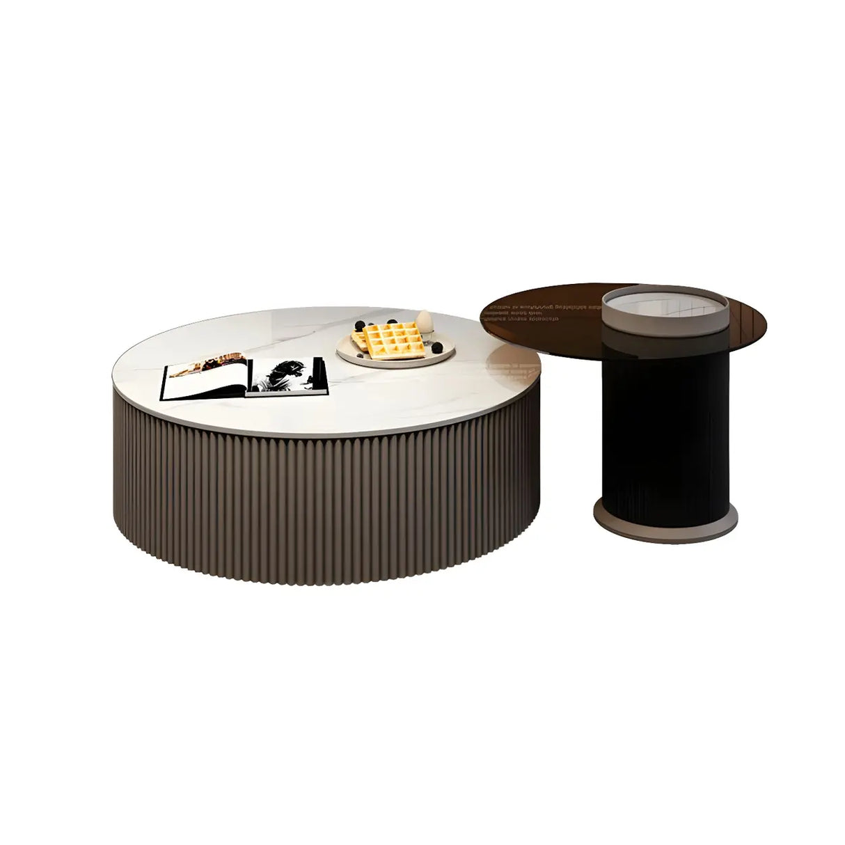 Slate Glass Round Drum Base Coffee Table with Storage Image - 9