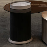 Slate Glass Round Drum Base Coffee Table with Storage Image - 10