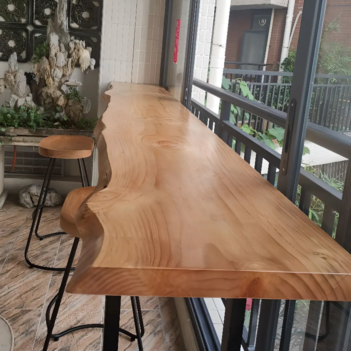 Sled Base Natural Wood Backless Bar Table with Steel Legs Image - 4