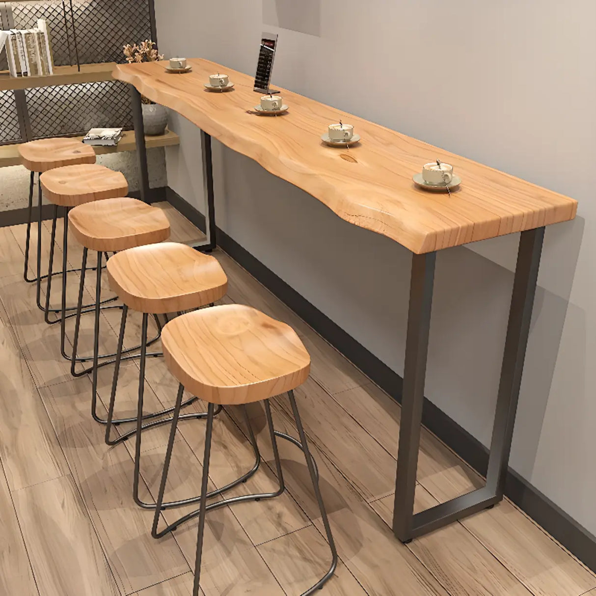 Sled Base Natural Wood Backless Bar Table with Steel Legs Image - 5