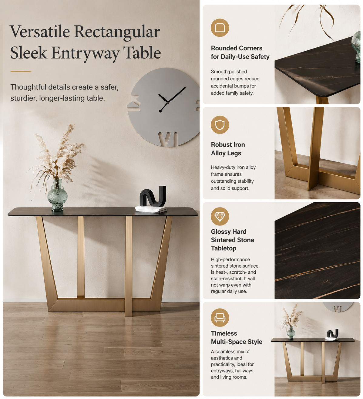 Sleek Black Stone Top Gold Abstract Frame Console Table Image - 15