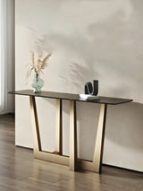 Sleek Black Stone Top Gold Abstract Frame Console Table Image - 5