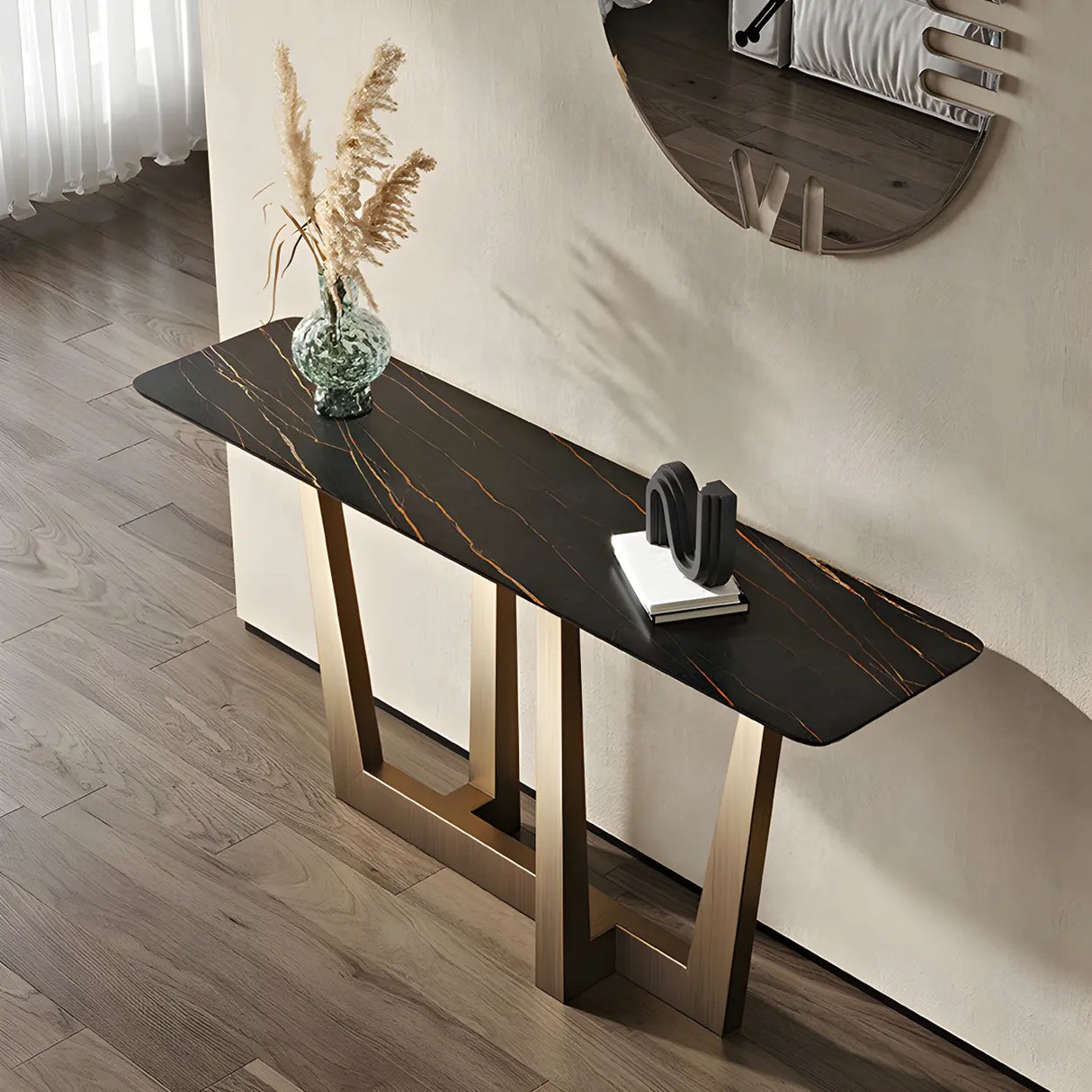 Sleek Black Stone Top Gold Abstract Frame Console Table Image - 6