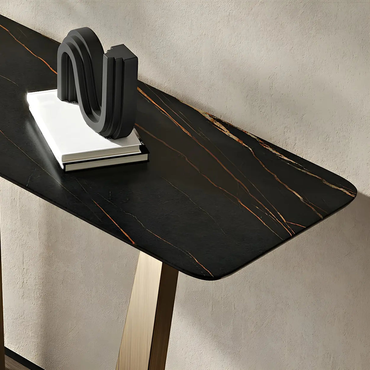 Sleek Black Stone Top Gold Abstract Frame Console Table Image - 9