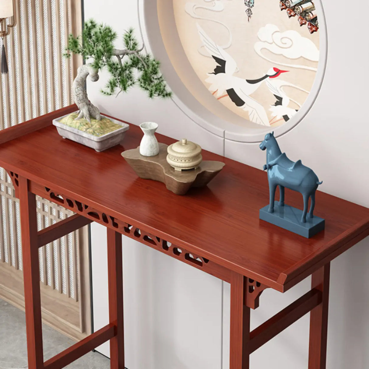 Sleek Double Pedestal Rectangle Mahogany Console Table Image - 7