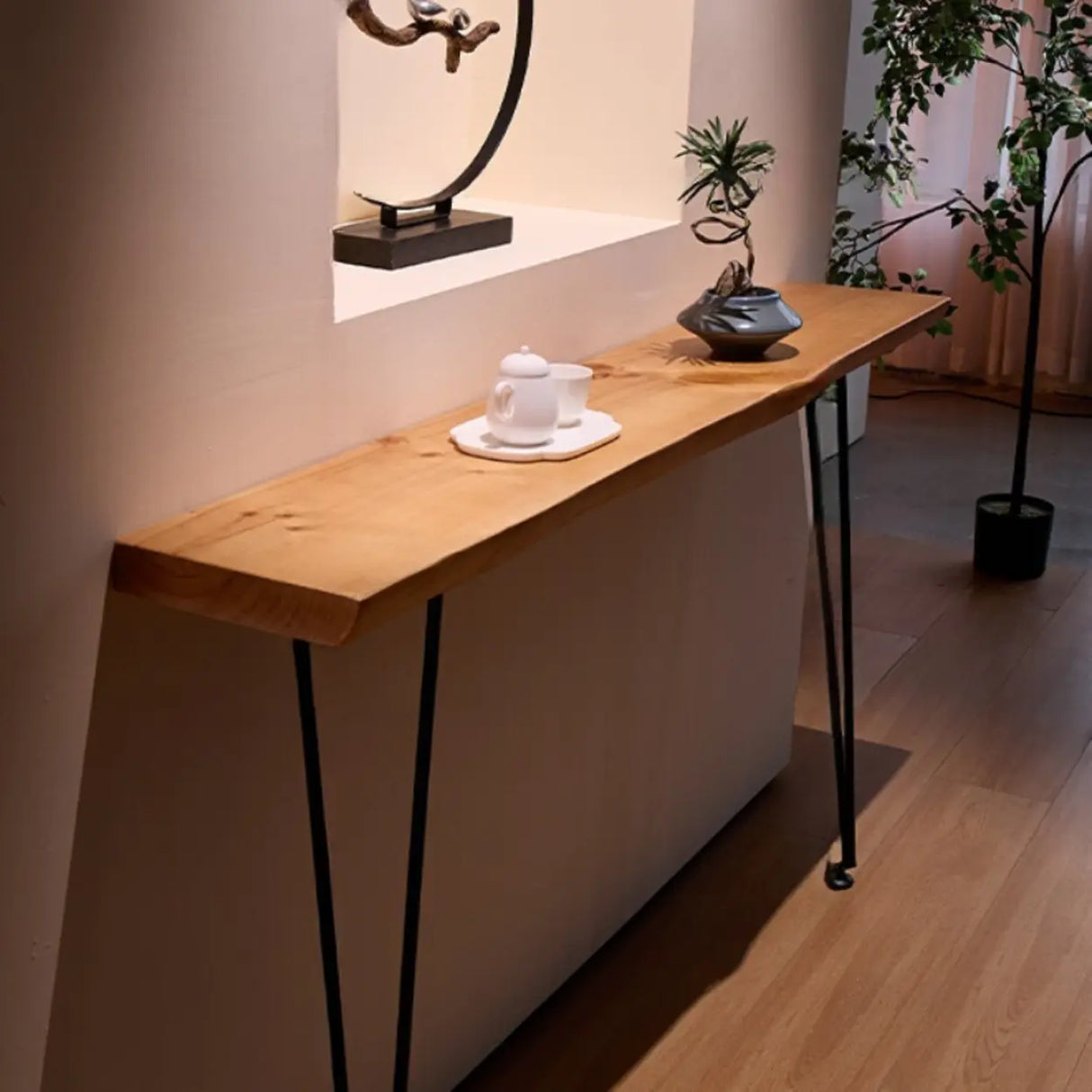 Sleek Double Pedestal Wood Natural Entry Console Table Image - 3