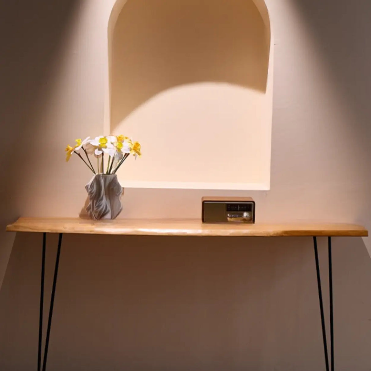 Sleek Double Pedestal Wood Natural Entry Console Table Image - 4