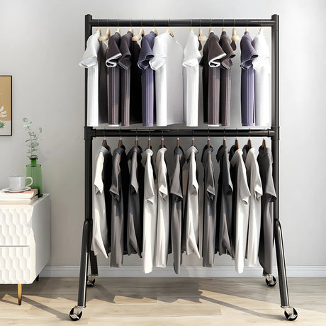 Sleek Dual Rods Gold Metal Rolling Hallway Coat Rack Image - 2