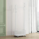 Sleek Gold Metal Coat Rack with Storage Basket and Casters Image - 12