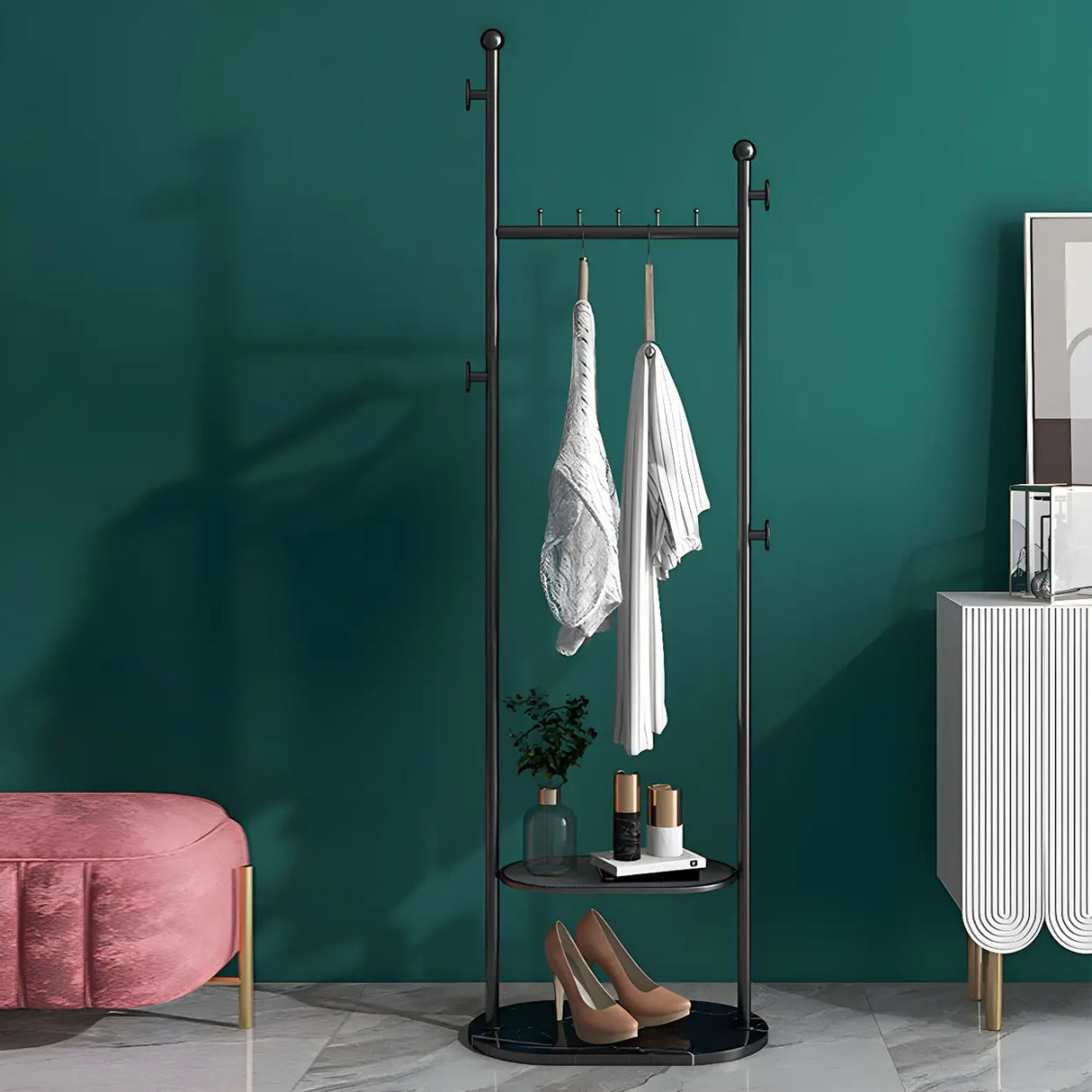 Sleek Metal Gold-White Tall Organizer Coat Rack with Shelf Image - 6