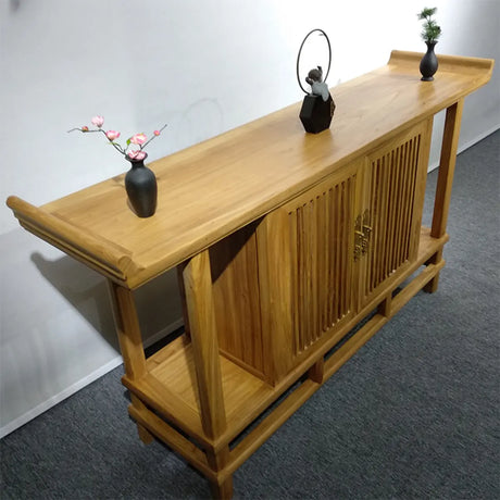 Sleek Natural Wood Console Table with Shelf and Cabinet Image - 1