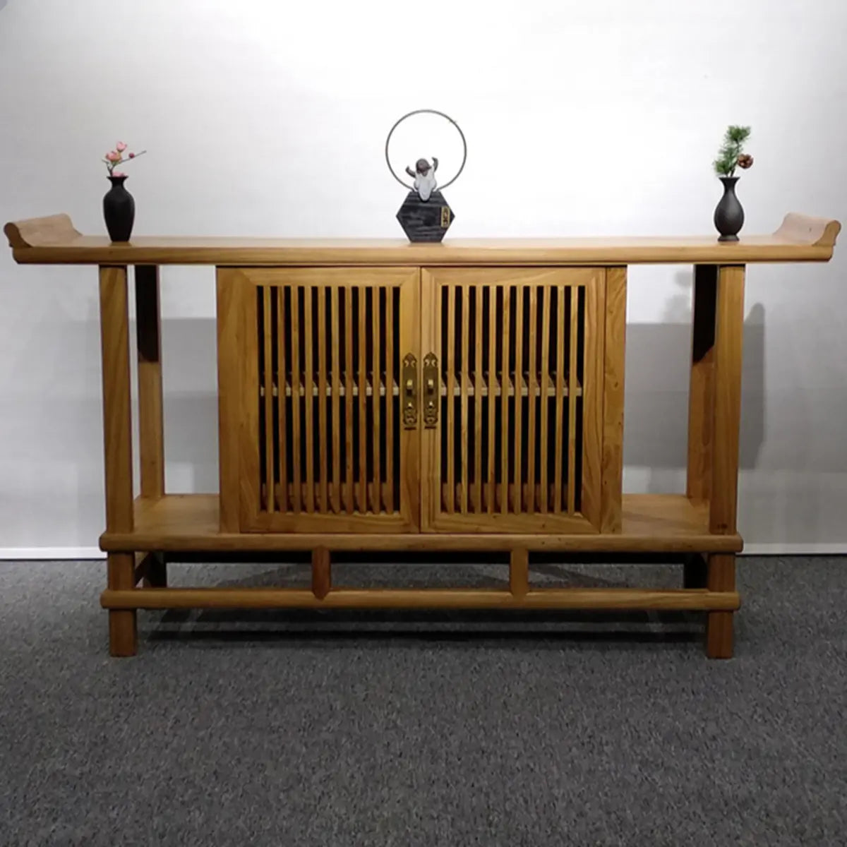 Sleek Natural Wood Console Table with Shelf and Cabinet Image - 2