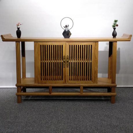Sleek Natural Wood Console Table with Shelf and Cabinet Image - 2