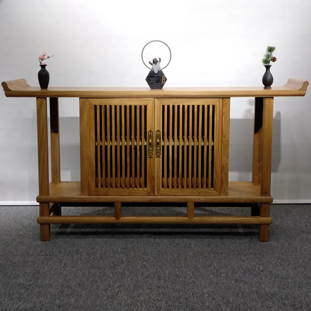 Sleek Natural Wood Console Table with Shelf and Cabinet Image - 2
