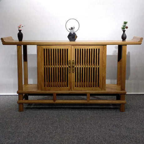 Sleek Natural Wood Console Table with Shelf and Cabinet Image - 2