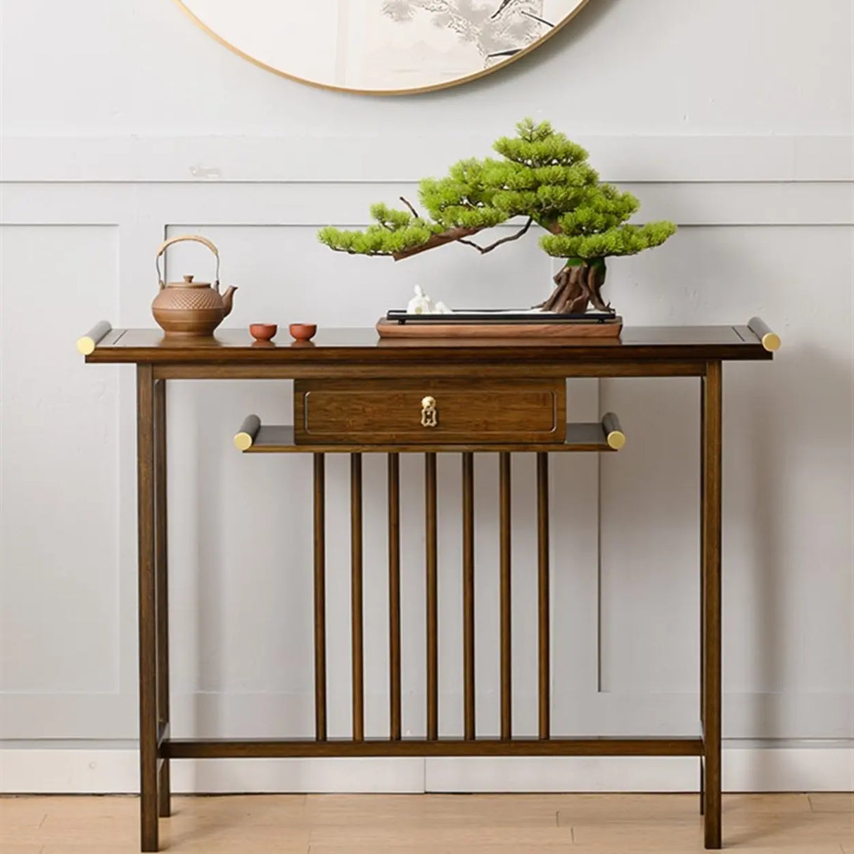 Sleek Rectangular Natural Wood Storage Console Table Image - 1