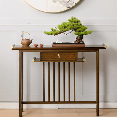 Sleek Rectangular Natural Wood Storage Console Table Image - 1