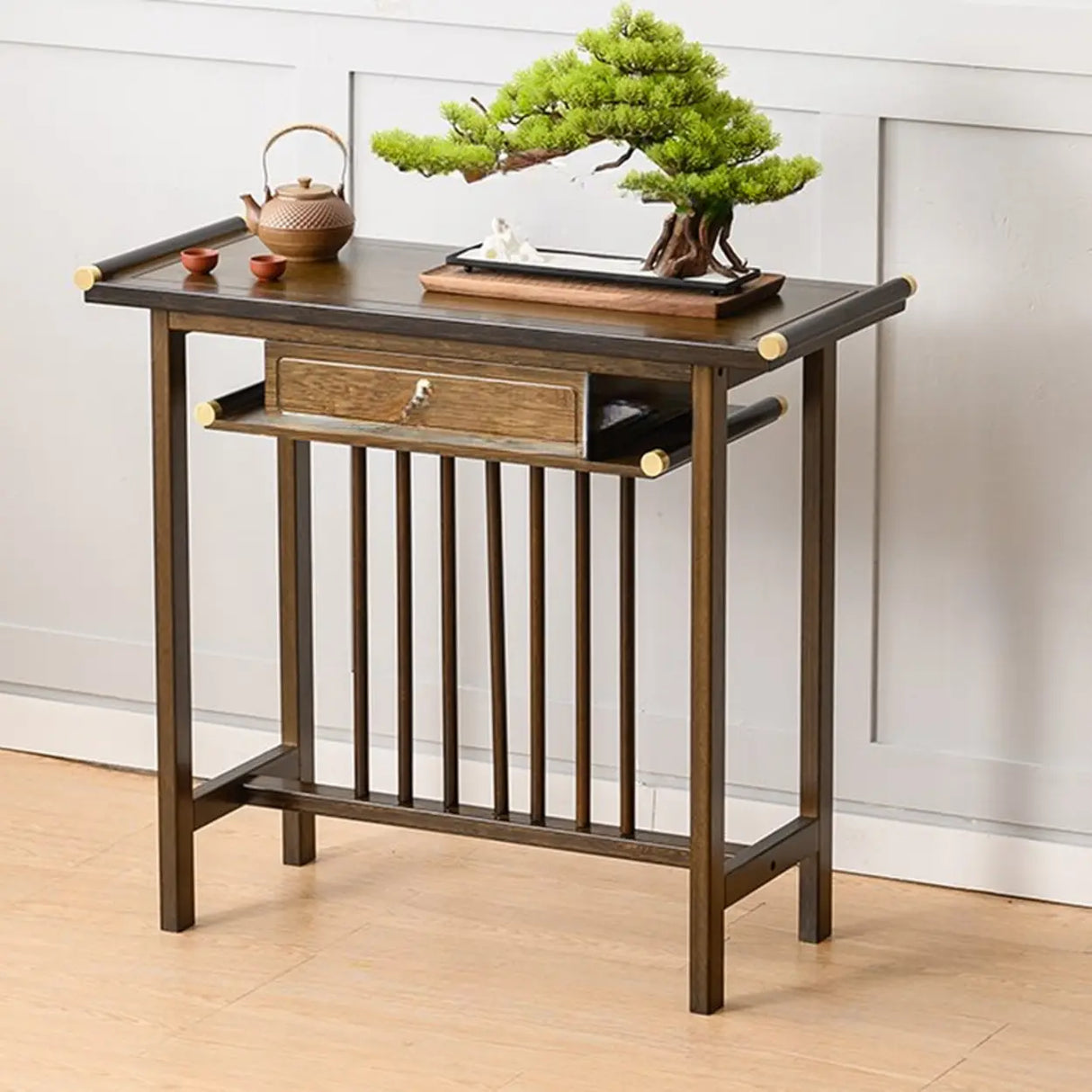 Sleek Rectangular Natural Wood Storage Console Table Image - 9