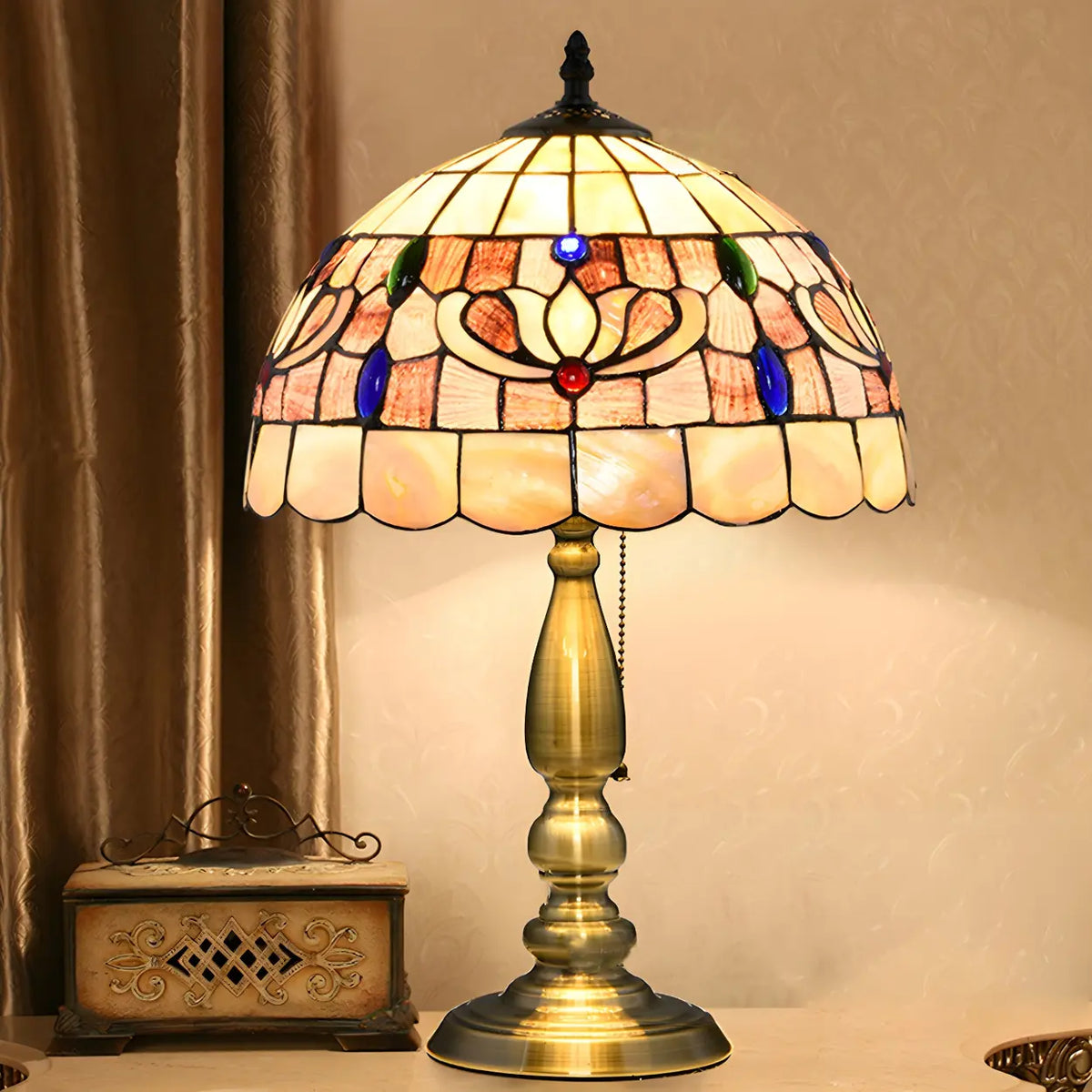 Sleek Tiffany Dome Stained Glass Metal Base Table Lamp Image - 6